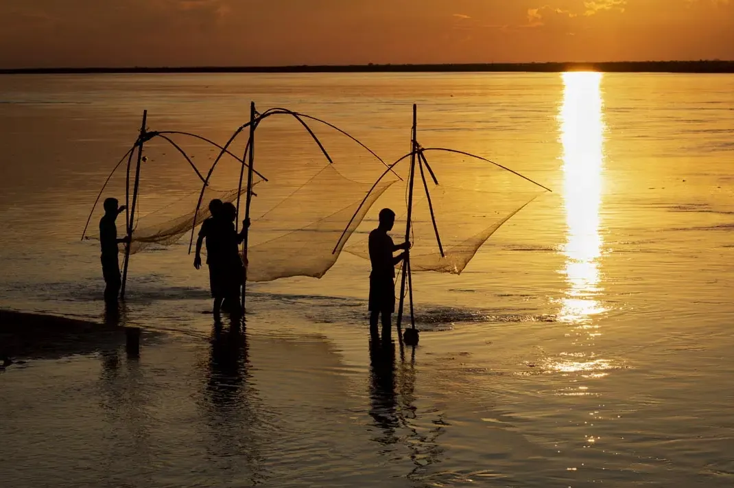 Fishermen with lift nets silhouetted against a golden river at sunset