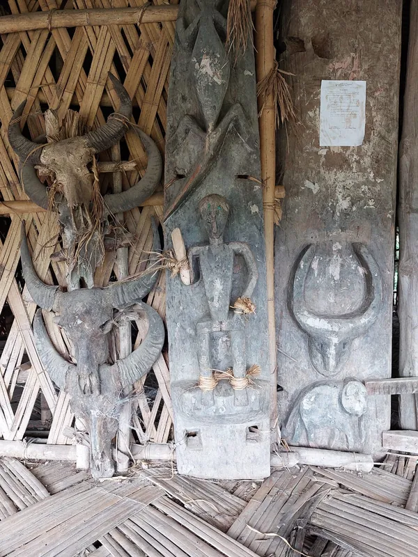Traditional wood carvings inside a village house